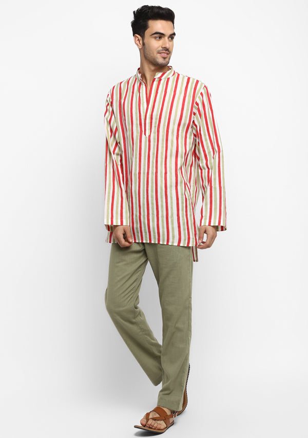 Olive Green Red Hand Block Printed Stripes Cotton Shirt and Pyjamas For Men - unidra.myshopify.com