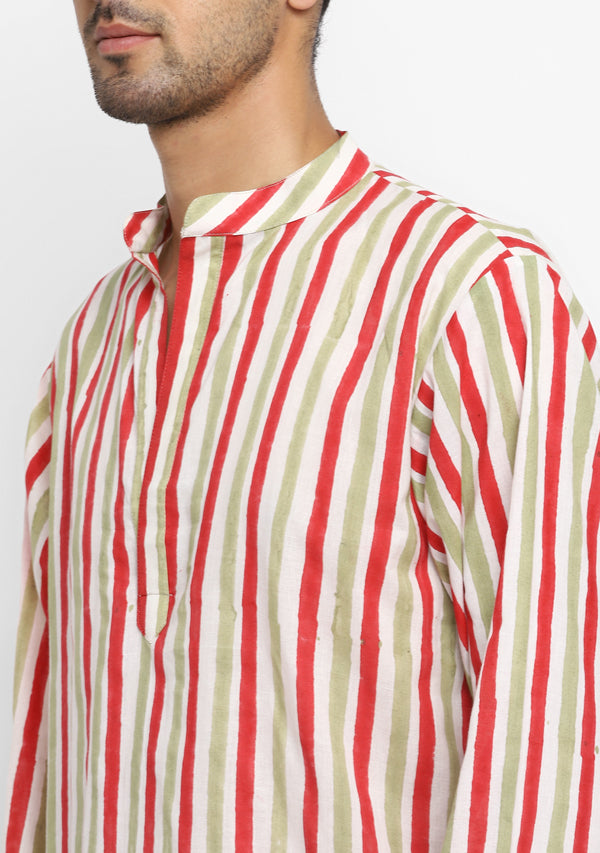 Olive Green Red Hand Block Printed Stripes Cotton Shirt and Pyjamas For Men - unidra.myshopify.com