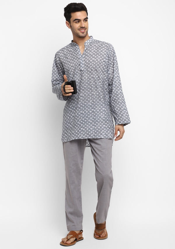Grey Black Floral Hand Block Printed Cotton Shirt and Pyjamas For Men - unidra.myshopify.com