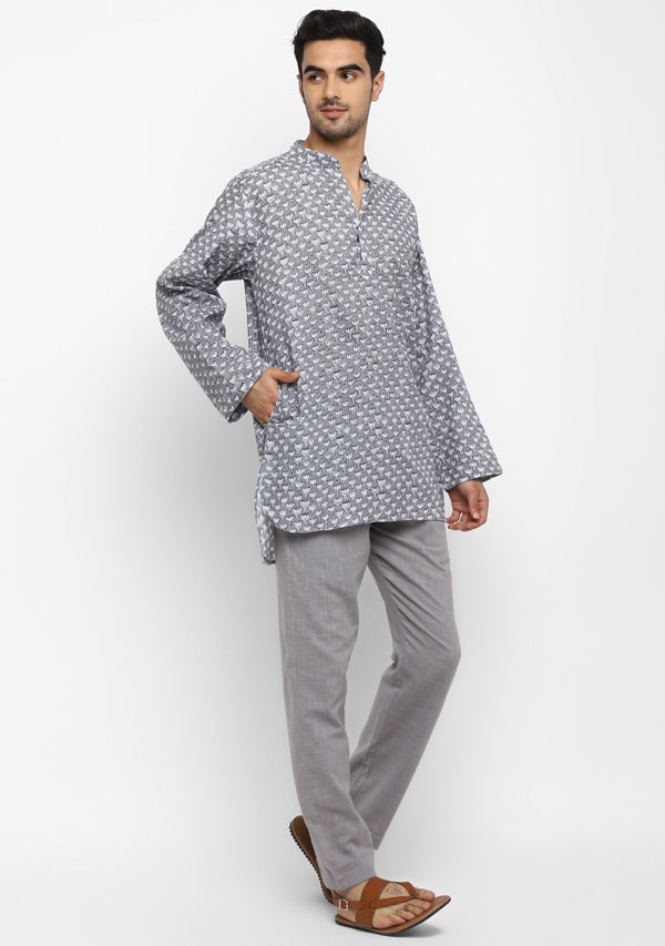 Grey Black Floral Hand Block Printed Cotton Shirt and Pyjamas For Men - unidra.myshopify.com
