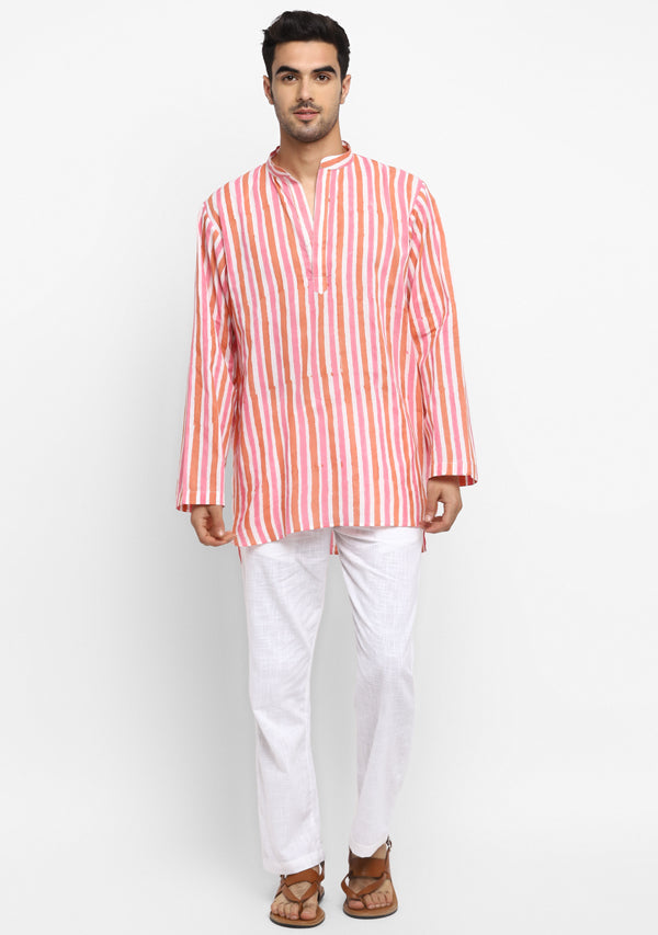 Pink Peach Hand Block Printed Stripes Cotton Shirt and Pyjamas For Men - unidra.myshopify.com