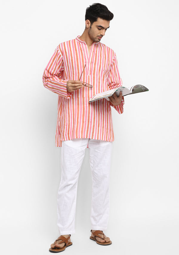 Pink Peach Hand Block Printed Stripes Cotton Shirt and Pyjamas For Men - unidra.myshopify.com