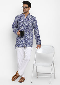 Navy Blue Hand Block Printed Cotton Shirt and Pyjamas For Men - unidra.myshopify.com