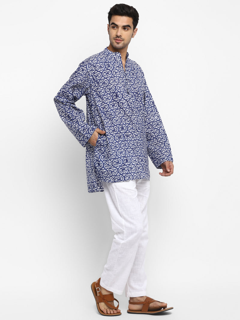 Navy Blue Hand Block Printed Cotton Shirt and Pyjamas For Men - unidra.myshopify.com