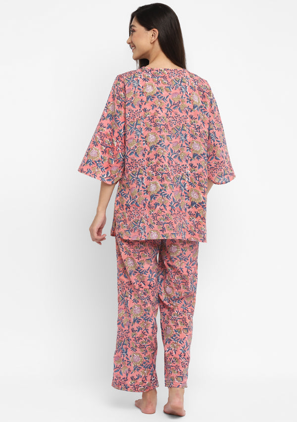 Peach Blue Hand Block Floral Printed Cotton Night Suit