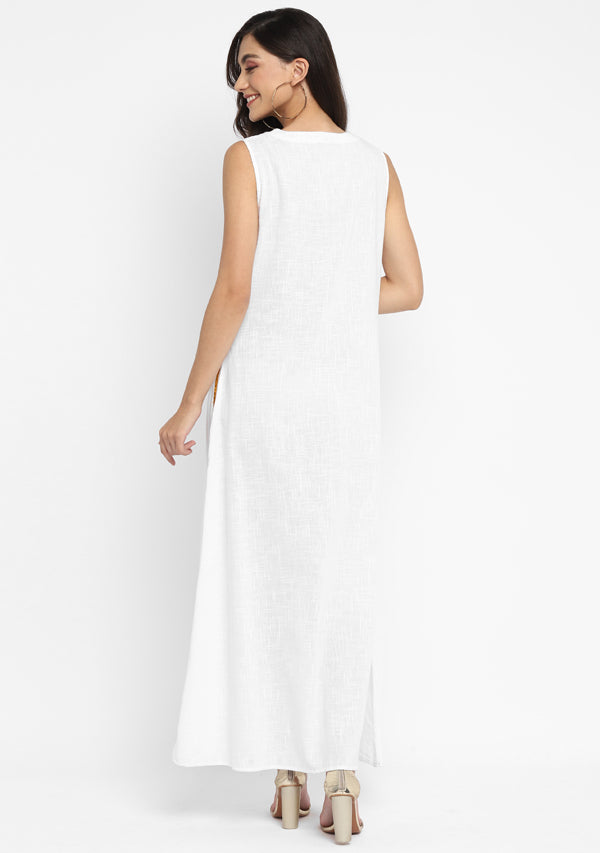 White Long Cotton Dress with Satin Trims