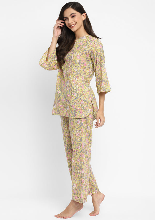 Green Pink Hand Block Floral Printed Cotton Night Suit