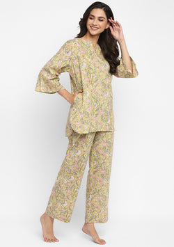 Green Pink Hand Block Floral Printed Cotton Night Suit