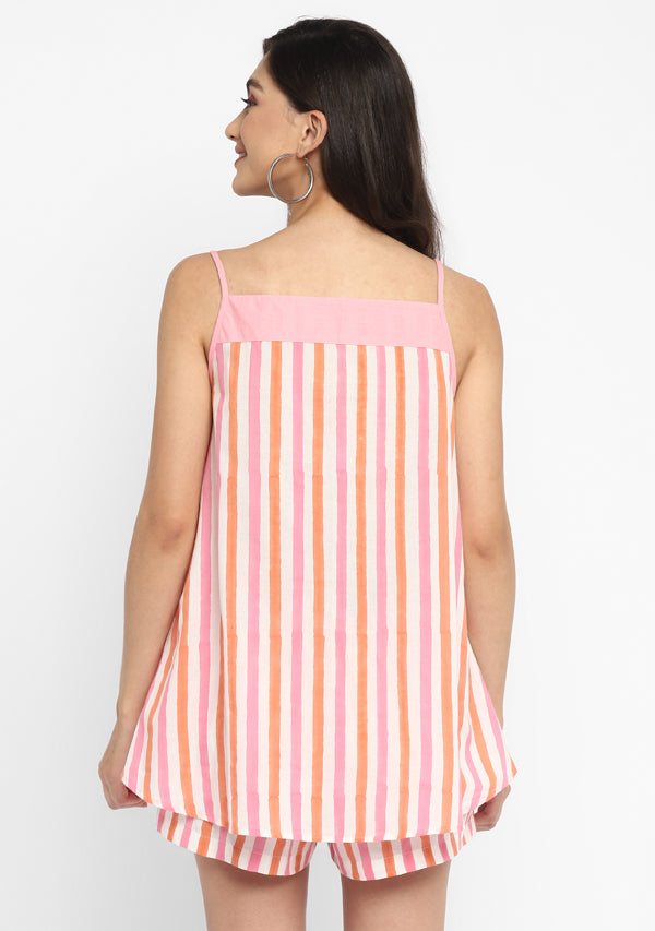 Peach Pink Hand Block Striped Printed Cotton Shorts with Top