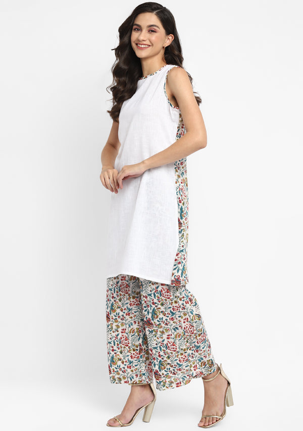 White Multicolor Hand Block Printed Sleeveless Cotton Co-ord Set with Pants
