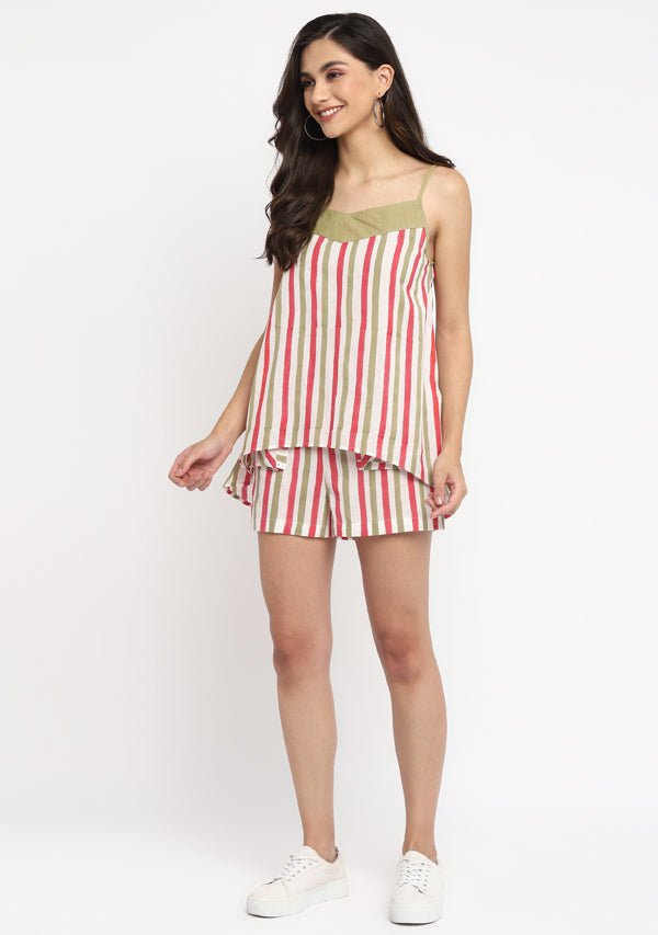 Green Red Hand Block Striped Printed Cotton Shorts with Top