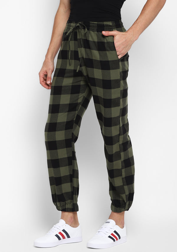 Flannel Green Black Checked Jogger Pants For Men