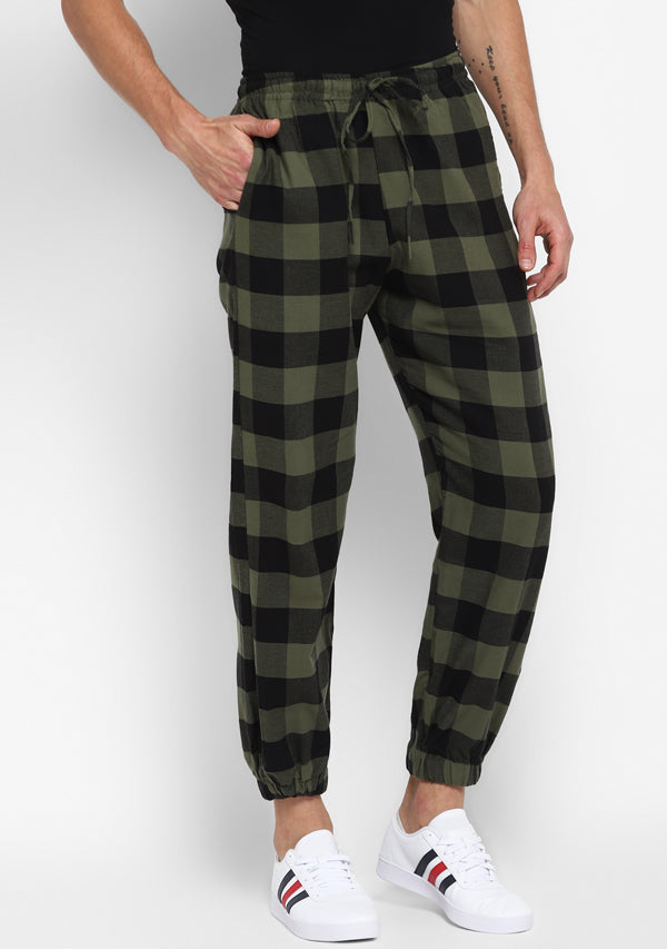Flannel Green Black Checked Jogger Pants For Men
