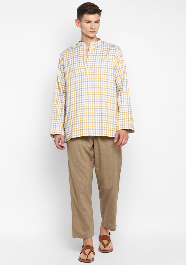 Yellow Grey Check Shirt and Pyjamas For Men in Cotton Twill