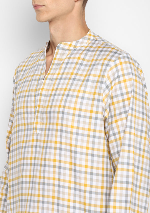 Yellow Grey Check Shirt and Pyjamas For Men in Cotton Twill