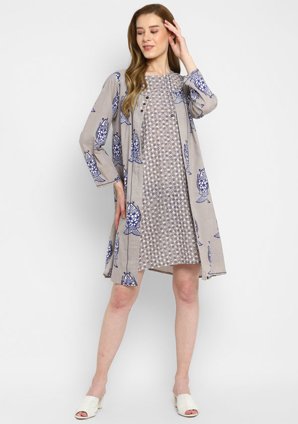 Beige Indigo Hand Block Printed Sleeveless Cotton Short Dress paired with Animal(Fish) Print Overlay