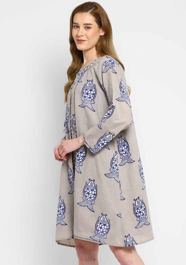 Beige Indigo Hand Block Printed Sleeveless Cotton Short Dress paired with Animal(Fish) Print Overlay