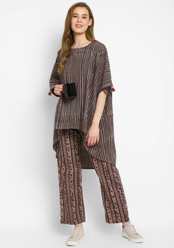 Brown Maroon Printed Striped Asymmetric Cotton Tunic