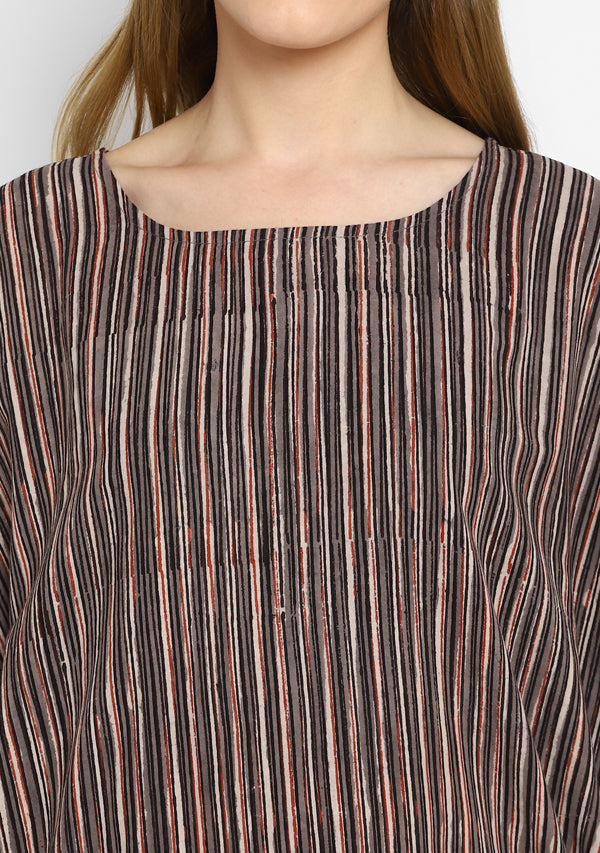 Brown Maroon Printed Striped Asymmetric Cotton Tunic