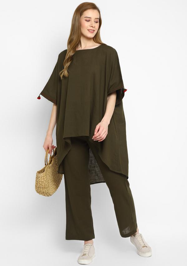 Military Green Asymmetric Cotton Tunic ( Only Top )