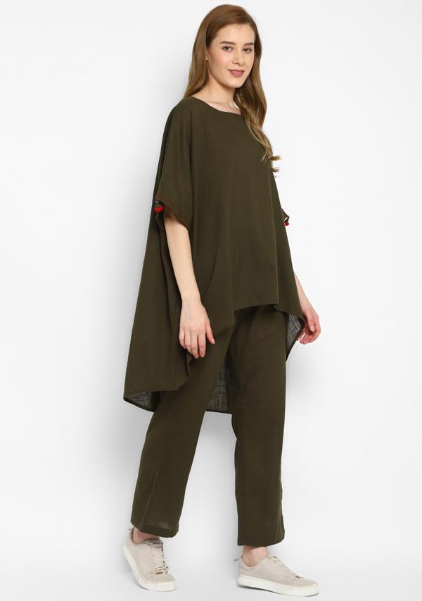 Military Green Asymmetric Cotton Tunic ( Only Top )