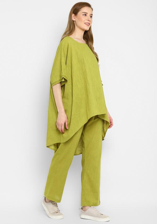 Olive Green Asymmetric Cotton Tunic ( Only Top )