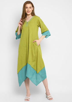 Olive Green And Aqua Layered Side Tail Cotton Dress