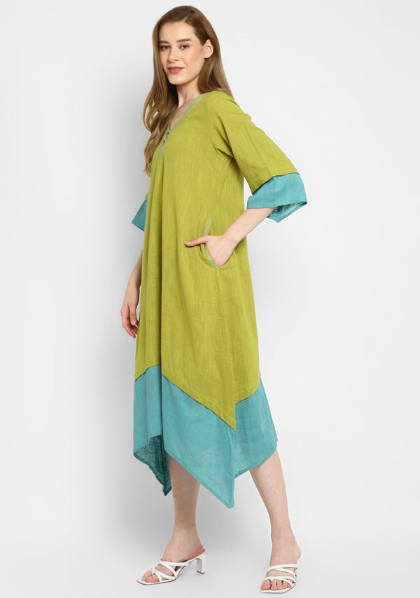 Olive Green And Aqua Layered Side Tail Cotton Dress