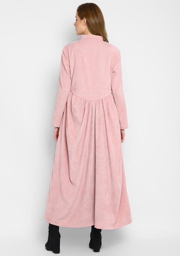 Corduroy Soft Pink Long Dress With Button