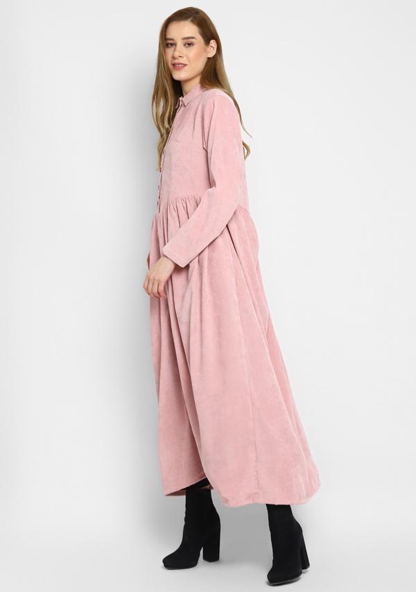 Corduroy Soft Pink Long Dress With Button