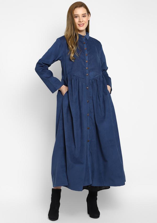 Corduroy Navy Blue Long Dress With Buttons
