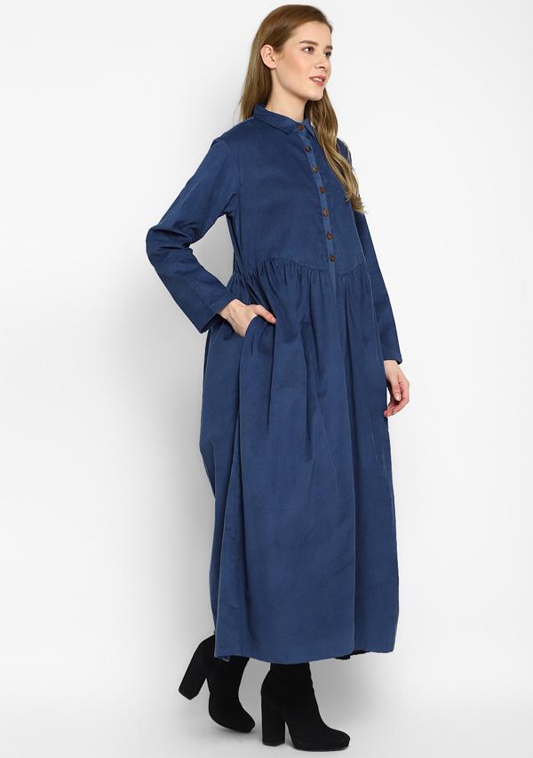 Corduroy Navy Blue Long Dress With Buttons