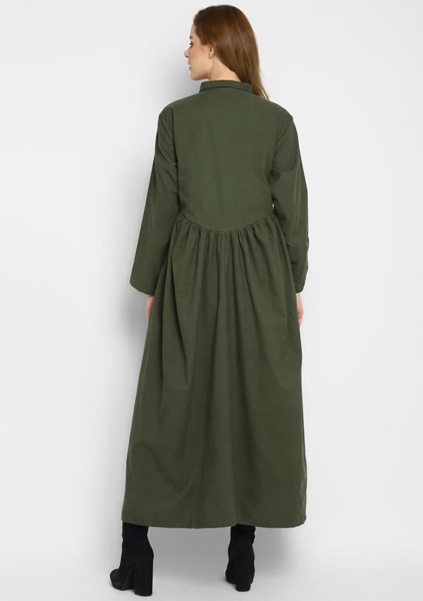 Corduroy Military Green Long Dress With Buttons