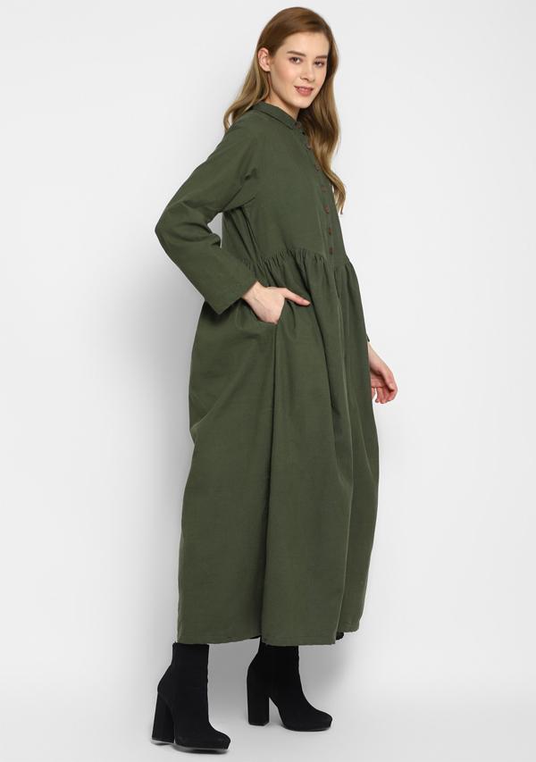 Corduroy Military Green Long Dress With Buttons
