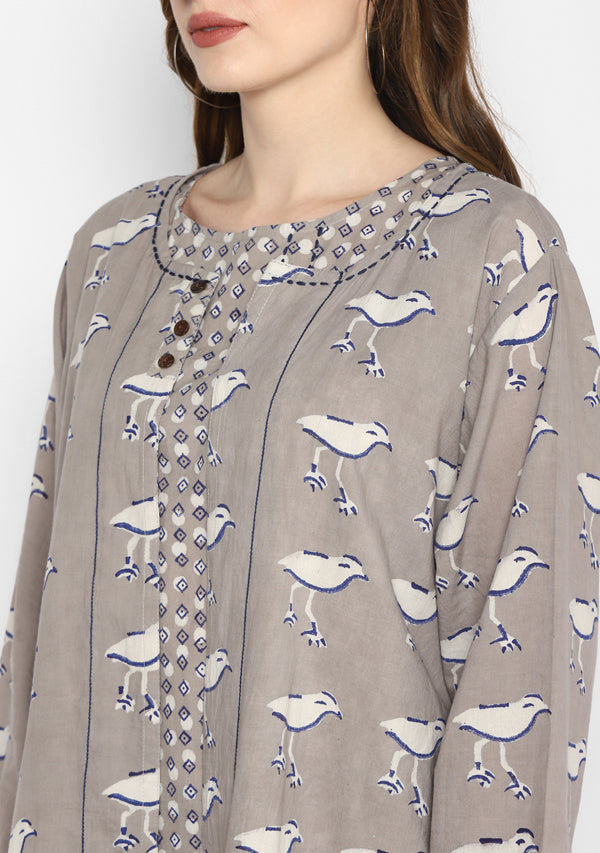 Beige Indigo Hand Block Printed Sleeveless Cotton Short Dress paired with Animal(Bird) Print Overlay