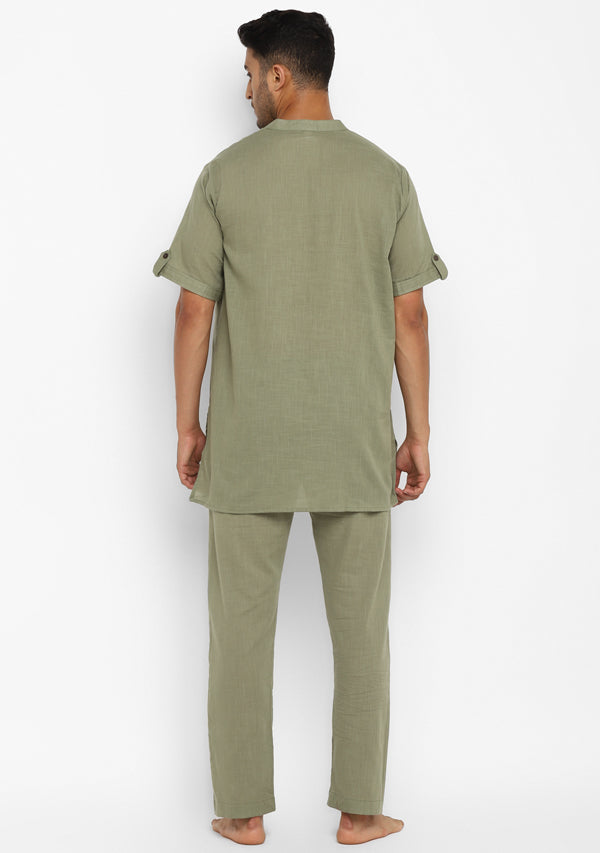 Pista Green Cotton Short Sleeves Shirt And Pyjamas For Men