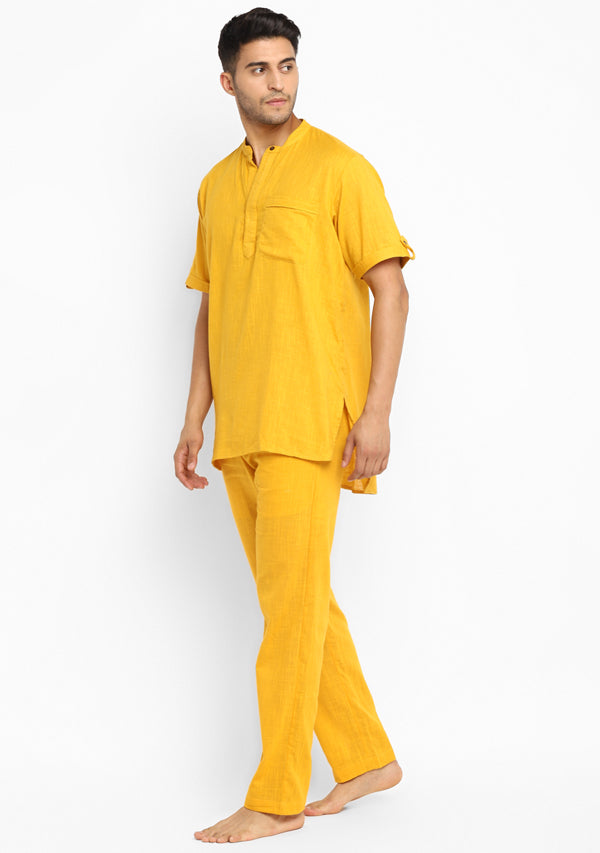 Mustard  Cotton Short Sleeves Shirt And Pyjamas For Men