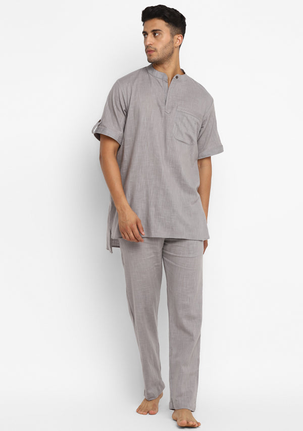 Light Grey Cotton Short Sleeves Shirt And Pyjamas For Men