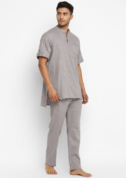 Light Grey Cotton Short Sleeves Shirt And Pyjamas For Men