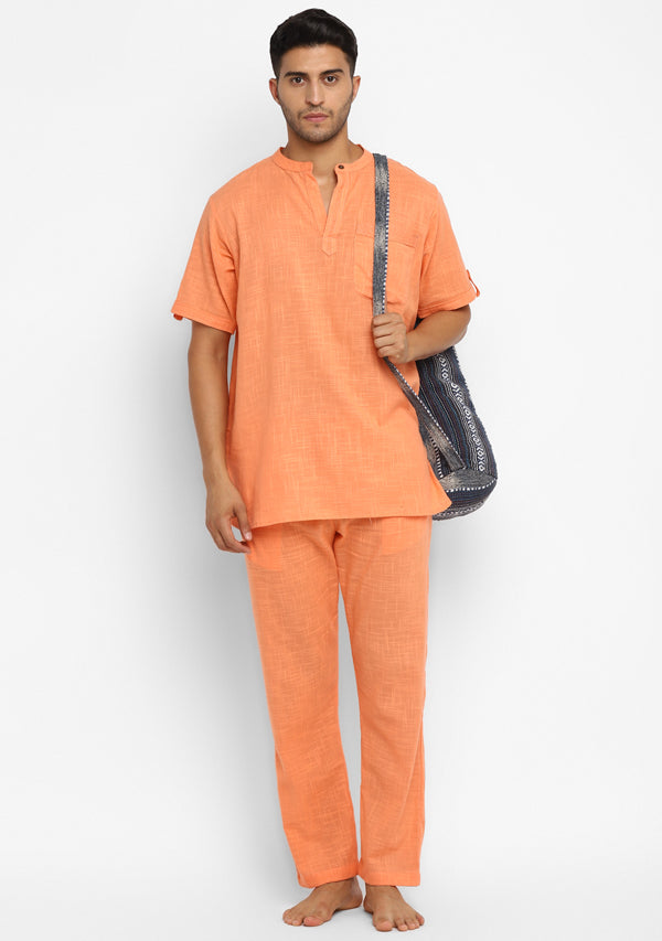 Peach Cotton Short Sleeves Shirt And Pyjamas For Men
