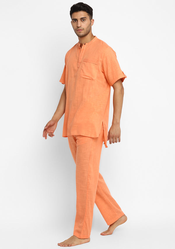 Peach Cotton Short Sleeves Shirt And Pyjamas For Men