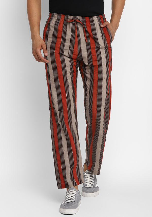 Beige Red Striped Hand Block Printed Cotton Lounge Pants For Men