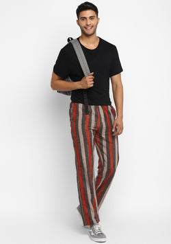 Beige Red Striped Hand Block Printed Cotton Lounge Pants For Men