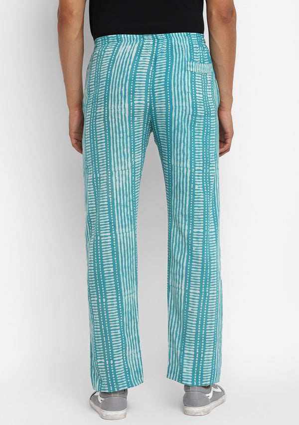 Turquoise Ivory Hand Block Printed Cotton Lounge Pants For Men