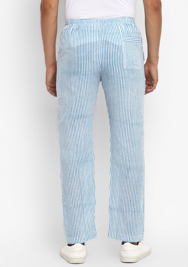 Blue White Pin Striped Hand Block Printed Cotton Lounge Pants For Men