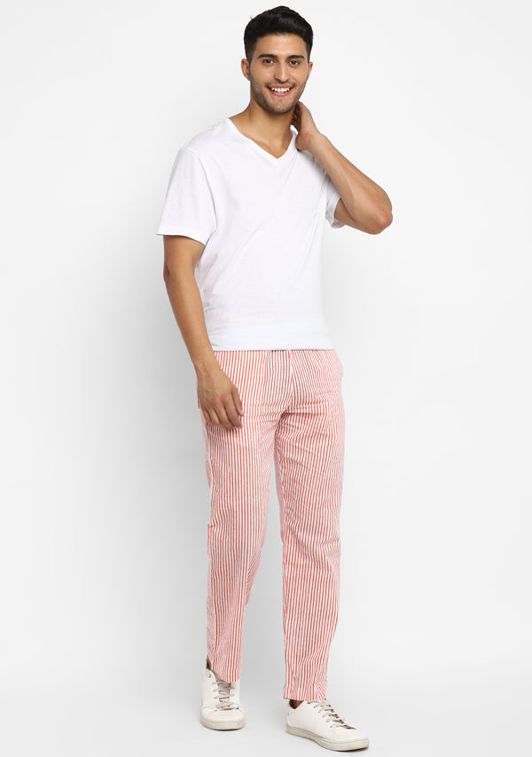 Pink White Pin Striped Hand Block Printed Cotton Lounge Pants For Men