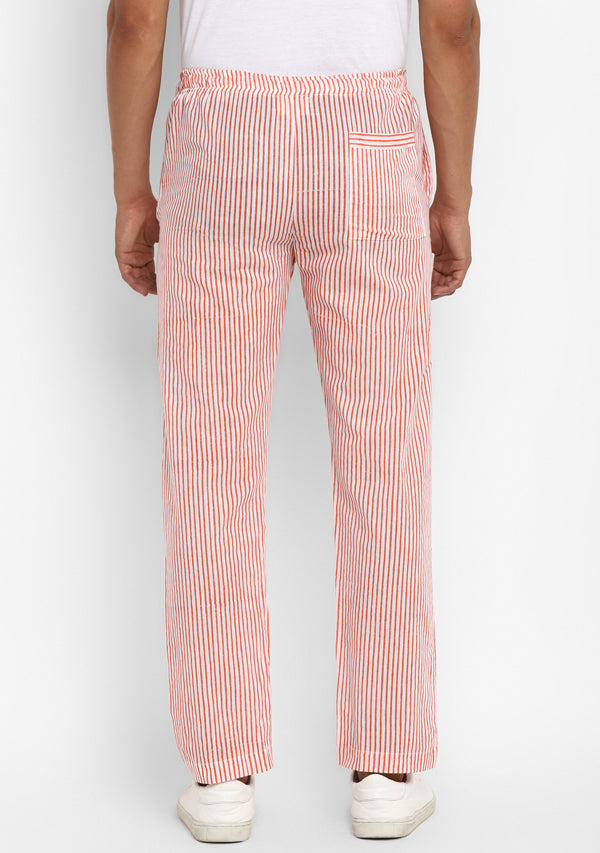 Pink White Pin Striped Hand Block Printed Cotton Lounge Pants For Men