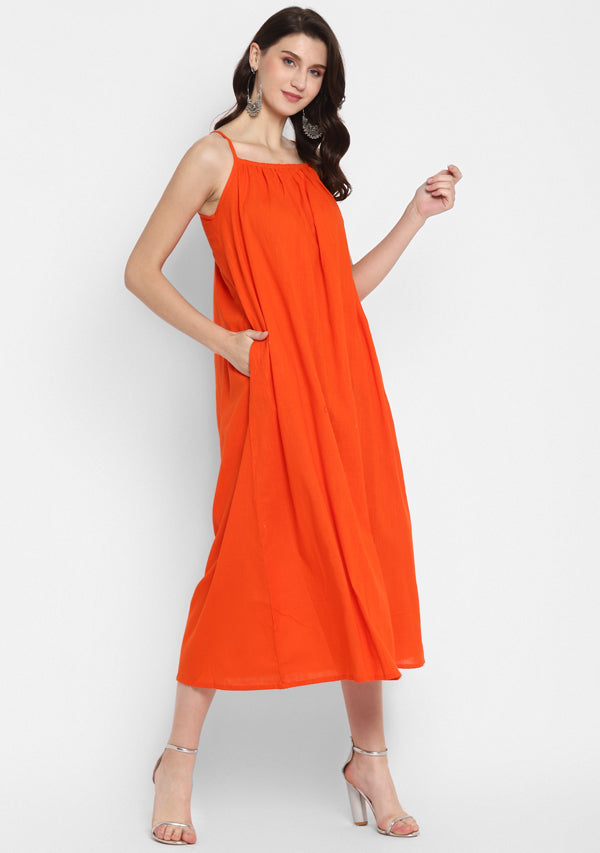 Orange Calf Length Cotton Dress with Spaghetti Straps