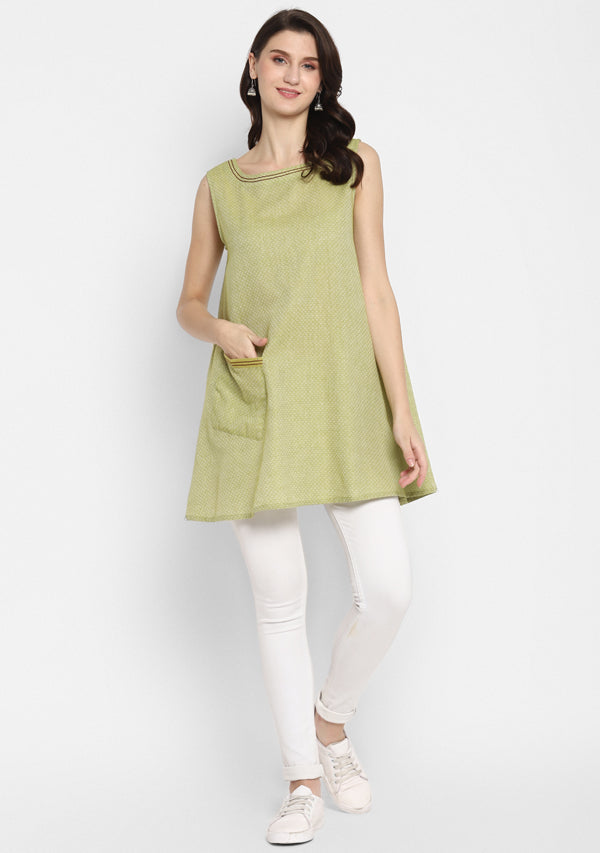 Olive Green Self Weave A-Line Sleeveless Tunic With Pocket