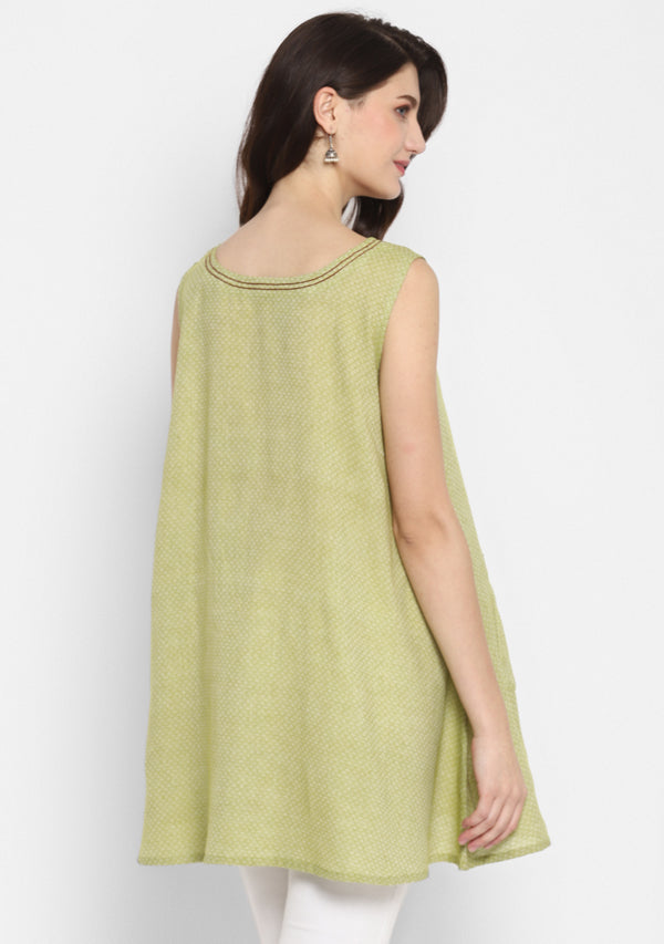 Olive Green Self Weave A-Line Sleeveless Tunic With Pocket